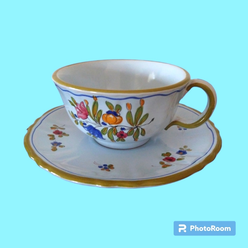 PV Peasant Village Two Cup Saucer Sets Blue Floral Italian Handmade Pottery